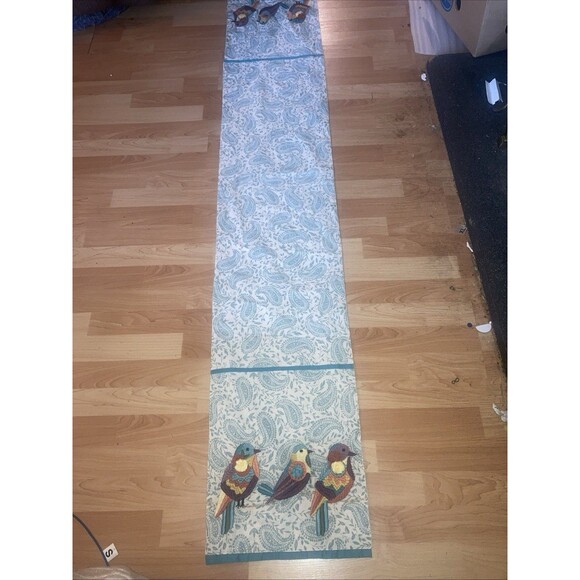Pier 1 Imports Embroidered Birds Table Runner Paisley Background Teal Trim 72X13 - Picture 1 of 5